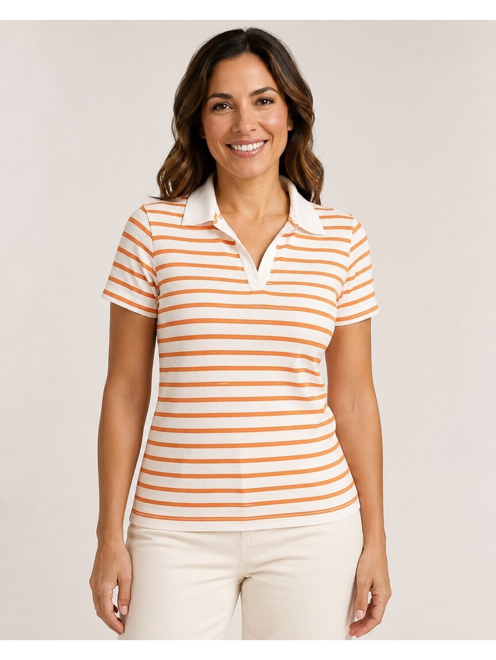 Lands’ End Orange White Stripe Wide Rib Polo Shirt Stretch Preppy Size Large